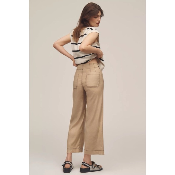Anthropologie The Colette Linen Pants Wide Leg Contrast Maeve Khaki Tan 32 - Picture 4 of 10